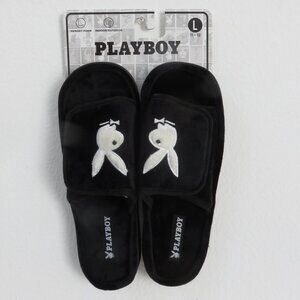 PLAYBOY BUNNY Black/Ivory Logo Adjustable Memory Foam Men’s Slippers L (11-12)